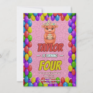 Cute Highland Cow 4th Birthday Invitation
