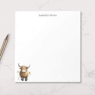 Cute Highland Cow and Flowers Sketch Personalised Notepad