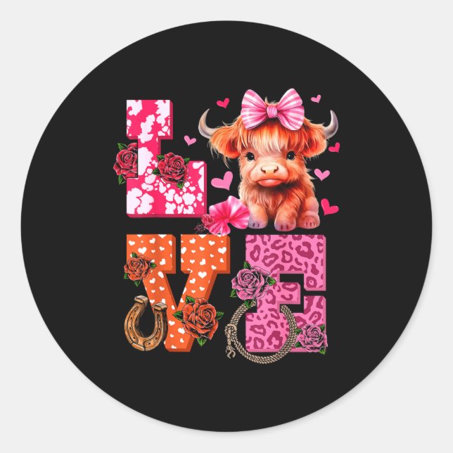 Cute Highland Cow And Nk Heart Valentines Day Love Classic Round Sticker (Front)
