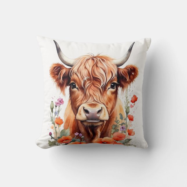 Cute Highland Cow And Poppy Flowers Watercolor Cushion (Front)