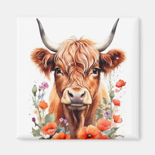 Cute Highland Cow And Poppy Flowers Watercolor Magnet