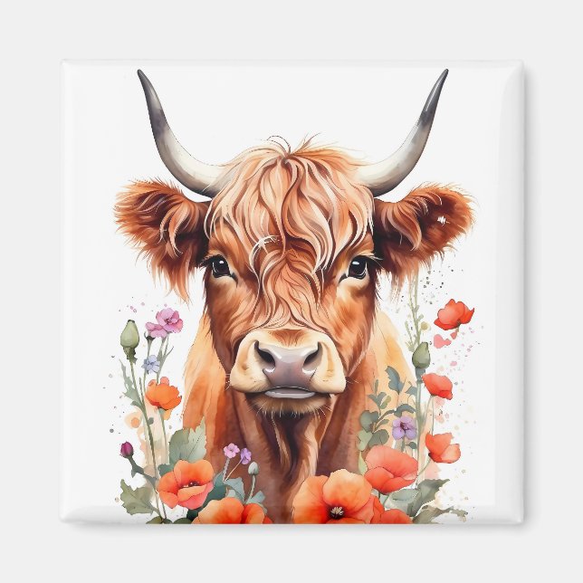 Cute Highland Cow And Poppy Flowers Watercolor Magnet (Front)