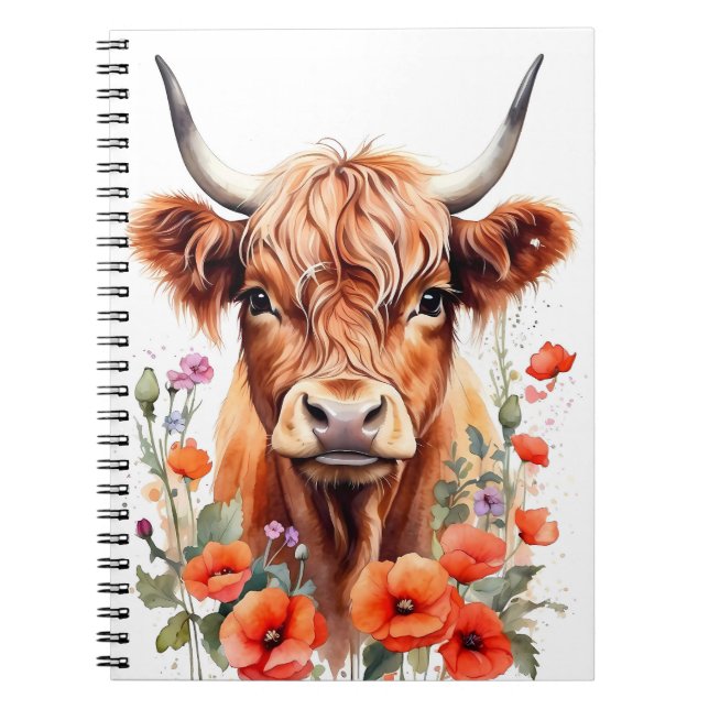 Cute Highland Cow And Poppy Flowers Watercolor Notebook (Front)