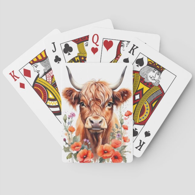 Cute Highland Cow And Poppy Flowers Watercolor Playing Cards (Back)