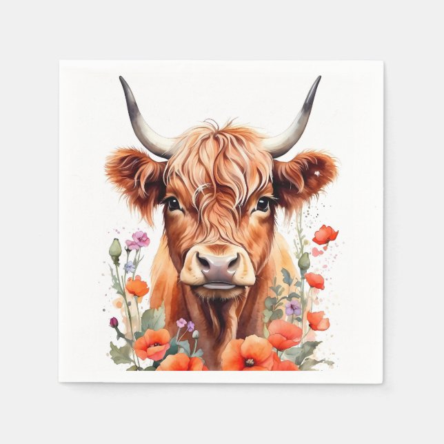 Cute Highland Cow And Red Poppies Watercolor Napkin (Front)