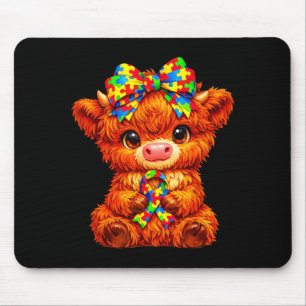 Cute Highland Cow Autism Awareness Puzzle Bow Mouse Pad