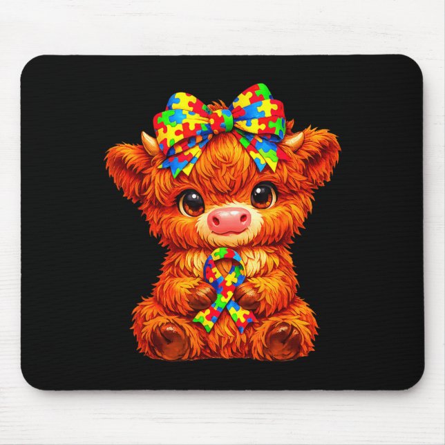 Cute Highland Cow Autism Awareness Puzzle Bow Mouse Pad (Front)