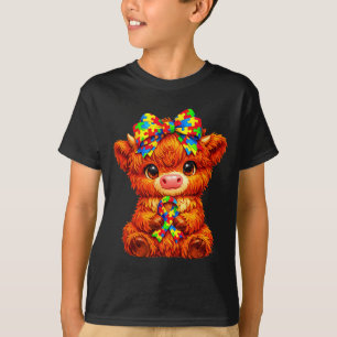 Cute Highland Cow Autism Awareness Puzzle Bow T-Shirt