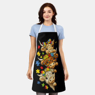 Cute Highland Cow Autism Awareness Puzzle Piece Apron
