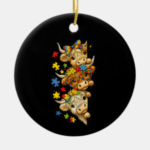 Cute Highland Cow Autism Awareness Puzzle Piece Ceramic Tree Decoration