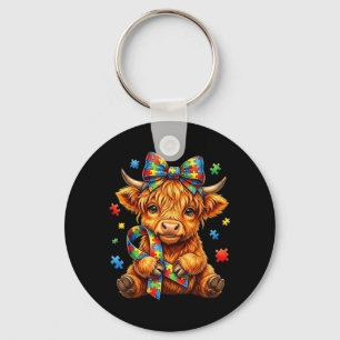Cute Highland Cow Autism Awareness Puzzle Ribbon Key Ring