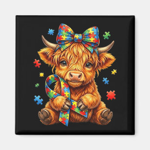 Cute Highland Cow Autism Awareness Puzzle Ribbon Magnet