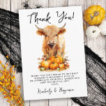 Cute Highland Cow Autumn Pumpkins Baby Shower Thank You Card<br><div class="desc">Welcome to the perfect baby shower invitations for a fall-themed party! Our "Holy Cow, We're Having a Baby!" invitation features a cute highland cow calf surrounded by pumpkins and autumn foliage. The warm colours and playful design make it the ideal choice for your farm or Halloween-themed baby shower. Whether you're...</div>