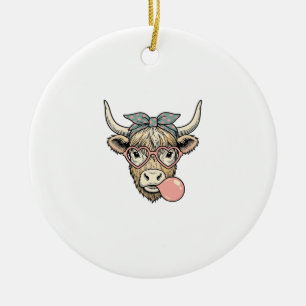 Cute Highland Cow Bubble Gum Vintage Vector Design Ceramic Tree Decoration