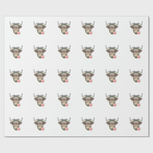 Cute Highland Cow Bubble Gum Vintage Vector Design Wrapping Paper