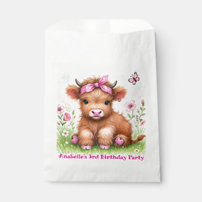 Cute Highland Cow Butterfly Girl Birthday Party Favour Bags (Front)