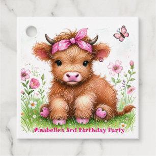 Cute Highland Cow Butterfly Girl Birthday Party Favour Tags