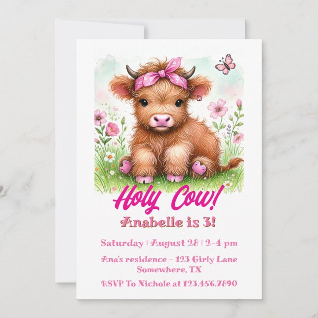 Cute Highland Cow Butterfly Girl Birthday Party  Invitation (Front)