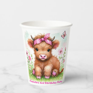 Cute Highland Cow Butterfly Girl Birthday Party Paper Cups
