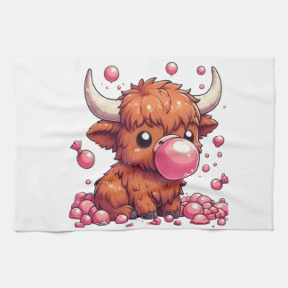 Cute Highland Cow calf blowing bubbles Tea Towel