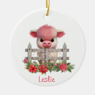 Cute Highland Cow Calf Christmas Personalized Name Ceramic Tree Decoration