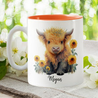 Cute Highland Cow Calf Sunflowers Personalised