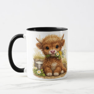 Cute Highland Cow Calf with Flowers Coffee Mug
