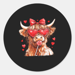 Cute Highland Cow Candy Cane Heart Valentines Day  Classic Round Sticker