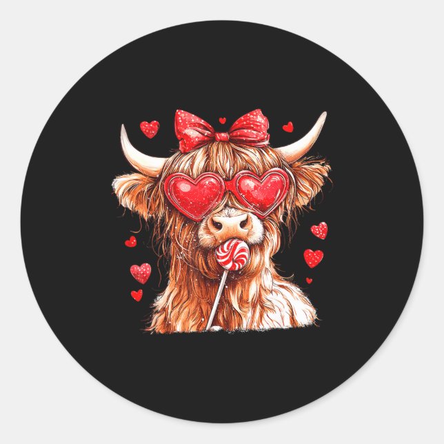 Cute Highland Cow Candy Cane Heart Valentines Day  Classic Round Sticker (Front)