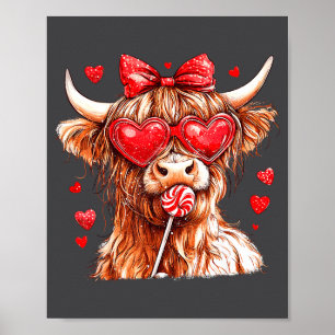 Cute Highland Cow Candy Cane Heart Valentines Day Poster