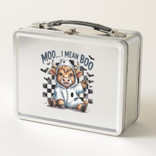 Cute Highland Cow Checkered Halloween Te Metal Lunch Box