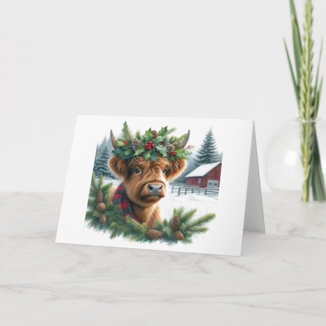 Cute Highland Cow Christmas Folded Holiday Card (Front)