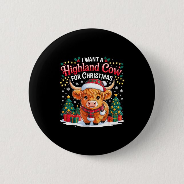 Cute Highland Cow Christmas Funny Santa Lights Hol 6 Cm Round Badge (Front)