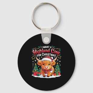 Cute Highland Cow Christmas Funny Santa Lights Hol Key Ring