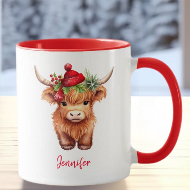 Cute Highland Cow Christmas Holiday Santa Hat Mug (Creator Uploaded)