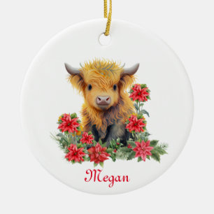 Cute Highland Cow Christmas Personalized Name Ceramic Tree Decoration