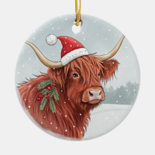 Cute Highland Cow Christmas Santa Hat Ceramic Tree Decoration