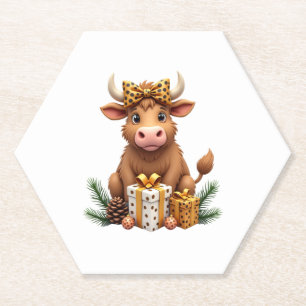 Cute Highland Cow Christmas Santa Highland Cow Lov Paper Coaster