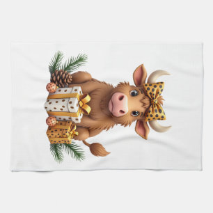 Cute Highland Cow Christmas Santa Highland Cow Lov Tea Towel