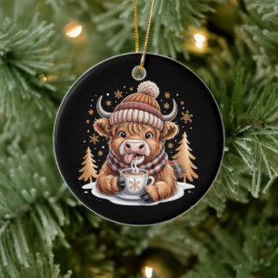 Cute Highland Cow Christmas Trees Hot Cocoa Cosy Ceramic Tree Decoration