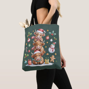 Cute Highland Cow Christmas Trees Hot Cocoa Cosy  Tote Bag