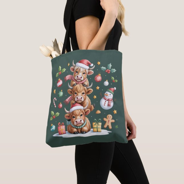 Cute Highland Cow Christmas Trees Hot Cocoa Cosy  Tote Bag (Close Up)