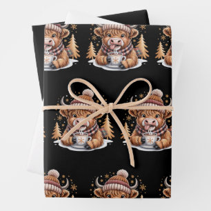 Cute Highland Cow Christmas Trees Hot Cocoa Cosy  Wrapping Paper Sheet
