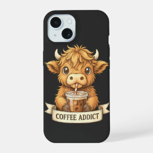 Cute Highland Cow Coffee Addict Funny Drink Coffee iPhone 15 Case