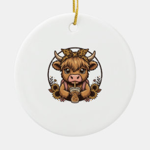 Cute Highland Cow Coffee Sunflower Vintage Shirt_1 Ceramic Tree Decoration