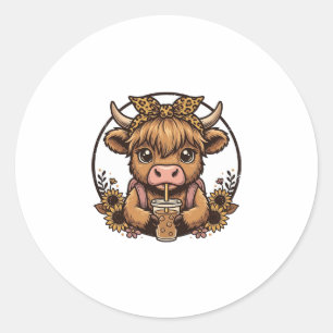 Cute Highland Cow Coffee Sunflower Vintage Shirt_1 Classic Round Sticker