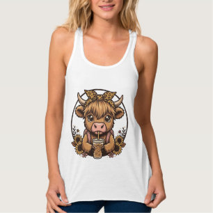 Cute Highland Cow Coffee Sunflower Vintage Shirt_1 Singlet
