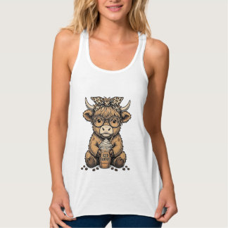 Cute Highland Cow Coffee Vintage Vector Shirt_1 Singlet