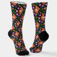 Cute Highland Cow Colourful Floral Black Socks