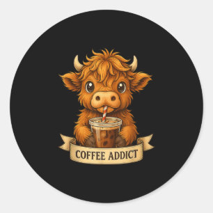 Cute Highland Cow Drink Coffee Funny For Men Women Classic Round Sticker